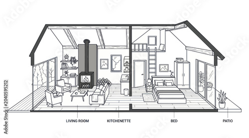 Bild auf Leinwand Interior Design Sketch: Cross-section of a Modern House with Living Room, Kitche