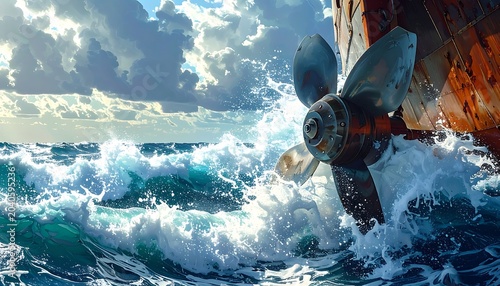 A boat propeller in turbulent waters with a cloudy sky