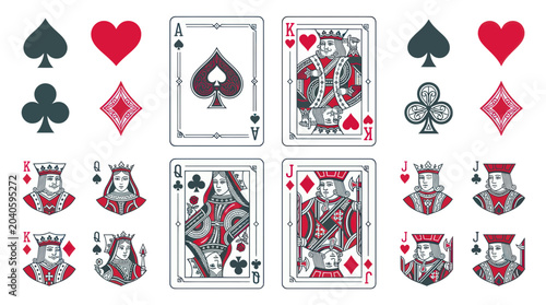 Playing Cards, Royalty, Suits, and Aces - Vintage Style Illustration