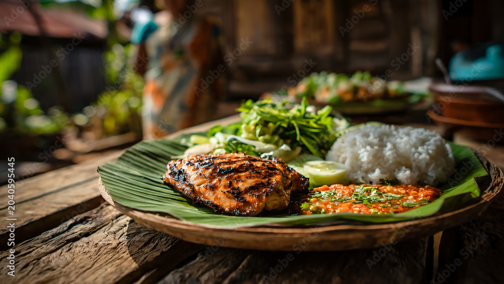 Obraz premium Plat avec viande de poulet grillée avec riz, légumes et sauce épicée servi sur une feuille de bananier