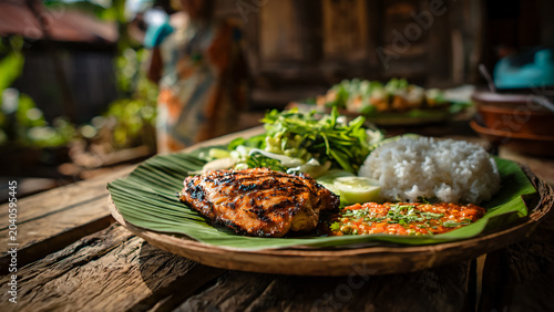 Plat  avec viande de poulet grillée avec riz, légumes et sauce épicée servi sur une feuille de bananier