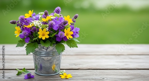 A beautiful bouquet of colorful spring wildflowers in a rustic metal bucket