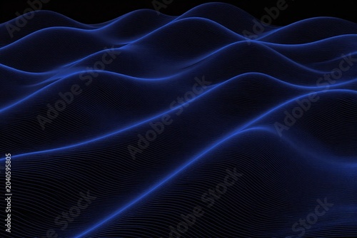 A blue and black abstract background with wavy lines
