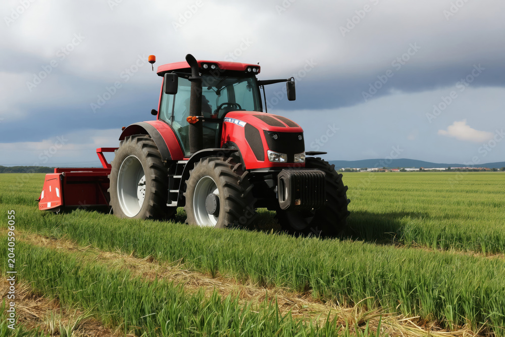 Fototapeta premium Red tractor operates in a green wheat field under a cloudy sky. The agricultural machine prepares land for planting or harvesting. Rural farm work on a sunny day.