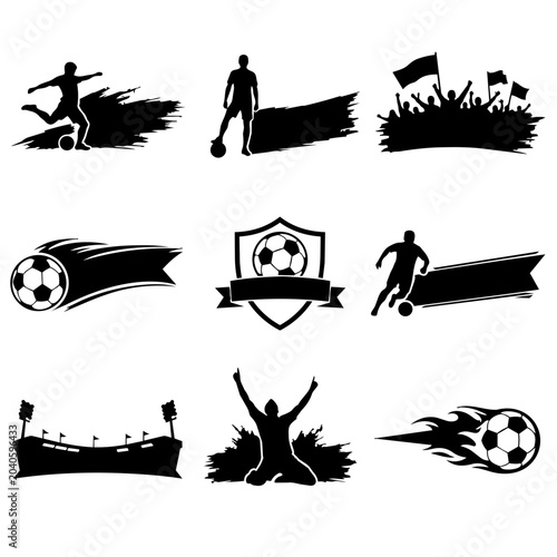 Black soccer football vector icons and silhouettes set including players kicking ball running