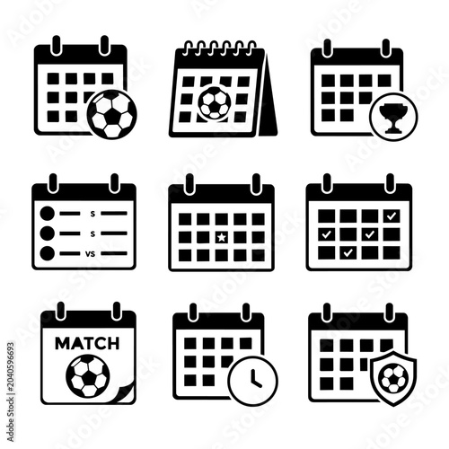 Set of nine black and white calendar icons with sports schedule and match planning elements