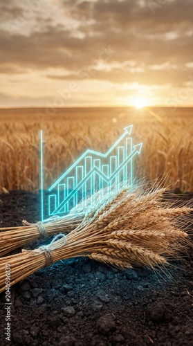 A bundle of ripe wheat on soil at sunset with glowing upward financial graph showing business growth