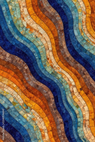 Abstract mosaic pattern with wavy lines. Blue and orange hues alternate in rhythmic flow. Tiles show varied textures suggesting weathered natural materials.