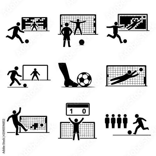 Set of black silhouette soccer player icons with various actions and goal scenes on white background