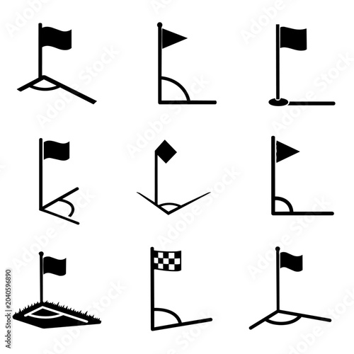 Set of black and white checkered flag icons in various positions and angles, isolated on clean white