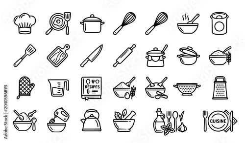 Cooking and kitchen equipment line vector icon set culinary tools and food preparation symbols