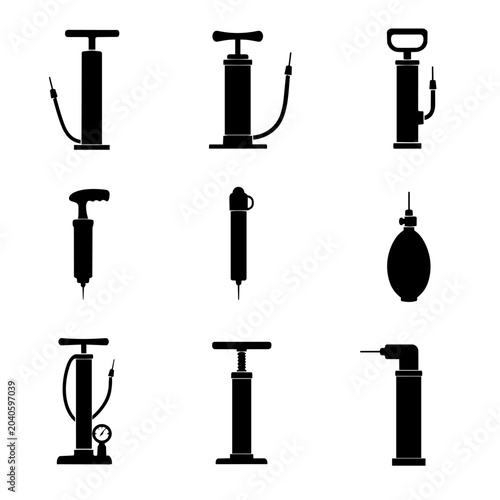 Set of nine black air pump icons in various styles and designs on white background