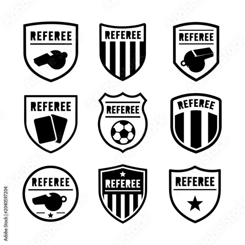 Set of nine black and white referee shield icons with various soccer referee symbols and text