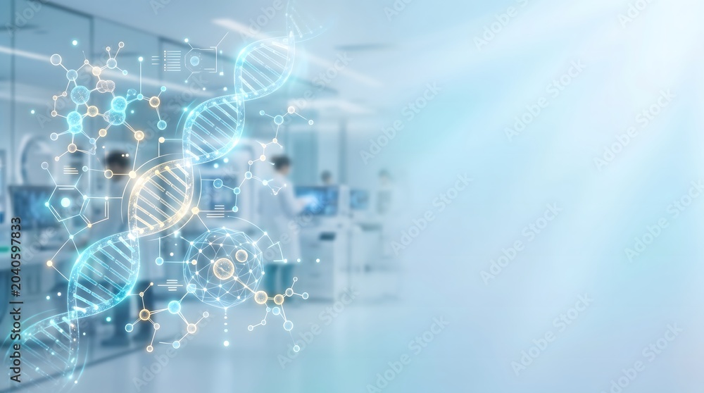 Fototapeta premium Digital visualization of a DNA double helix structure in a research laboratory setting.