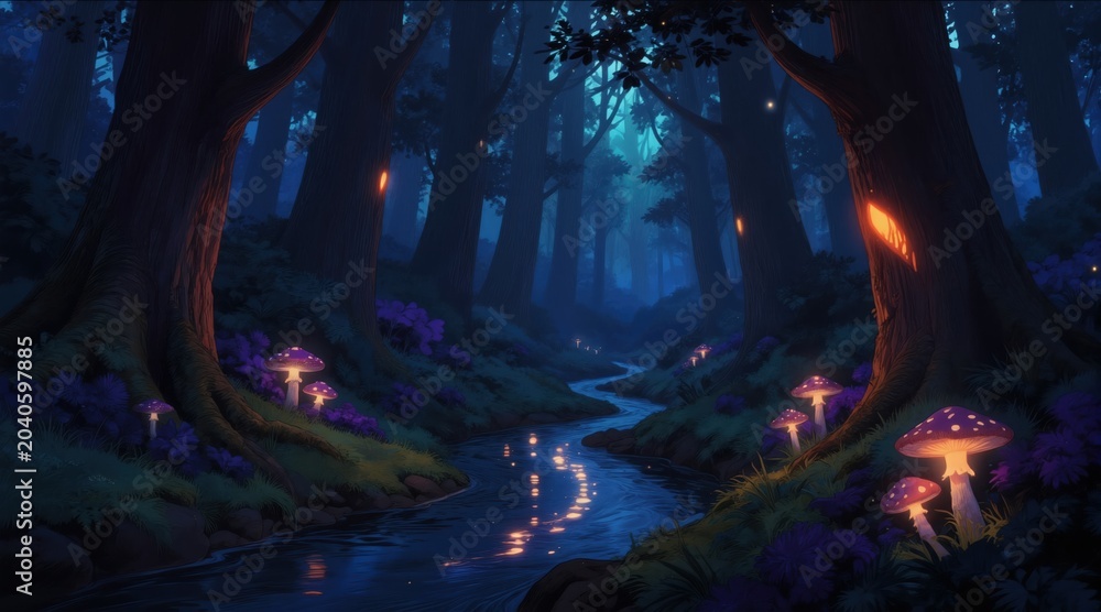 Obraz premium Dark enchanted forest at night with glowing purple mushrooms beside a winding stream reflecting lights. Tall trees create mystical atmosphere with small orange lights in background, evoking fantasy.