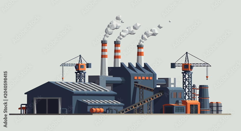 Fototapeta premium Industrial factory with smokestacks and cranes.