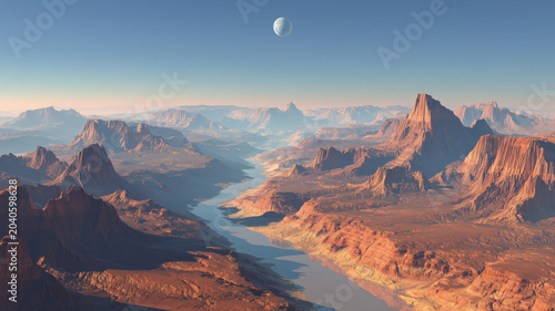 A aerial view of a vast unearthly canyon landscape featuring a prominent river snaking through its rugged, reddish rock formations. Ai generated