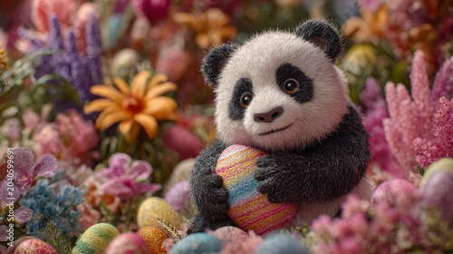Charming panda cub embraces easter egg: seasonal delight. Chic appearance. Happy easter greeting: cute panda cub with decorated egg. Sophisticated pose. Upscale style.