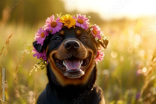 Early sunshine. Summertime happiness. Cute baby dog rottweiler w