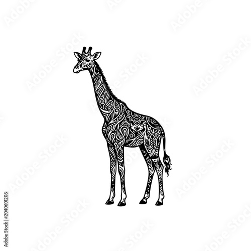 Intricate patterned black and white giraffe illustration standing gracefully.