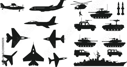 Bild auf Leinwand Military Vehicle and Aircraft Silhouette Collection Featuring Fighter Jets Tanks
