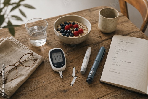 Glucometer with blood glucose result next to bowl of oatmeal and meal plan notebook. Diabetic patient monitoring blood sugar level with insulin pen. Healthcare nutrition management concept