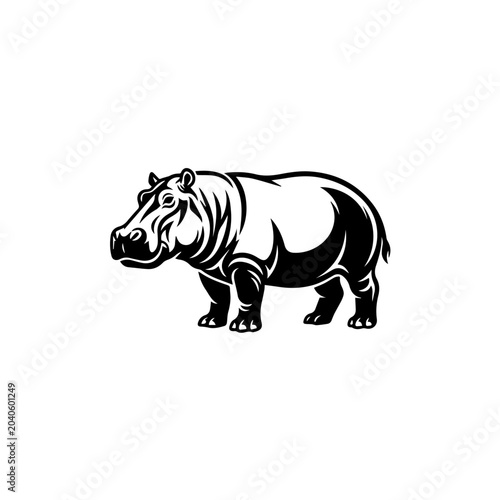 Bold Black Hippopotamus Vector Illustration with Artistic Tribal-like Markings Standing Profile View.