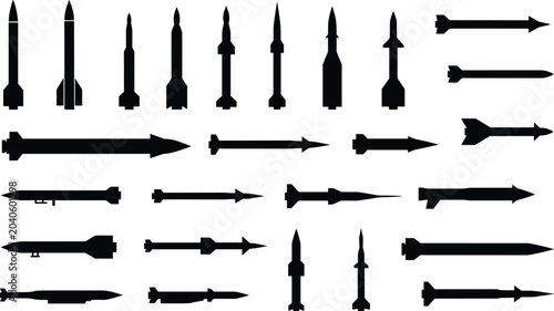 Missile and Rocket Silhouette Collection Featuring Guided Missiles Tactical Rockets and Defense Aerospace Weapon Systems