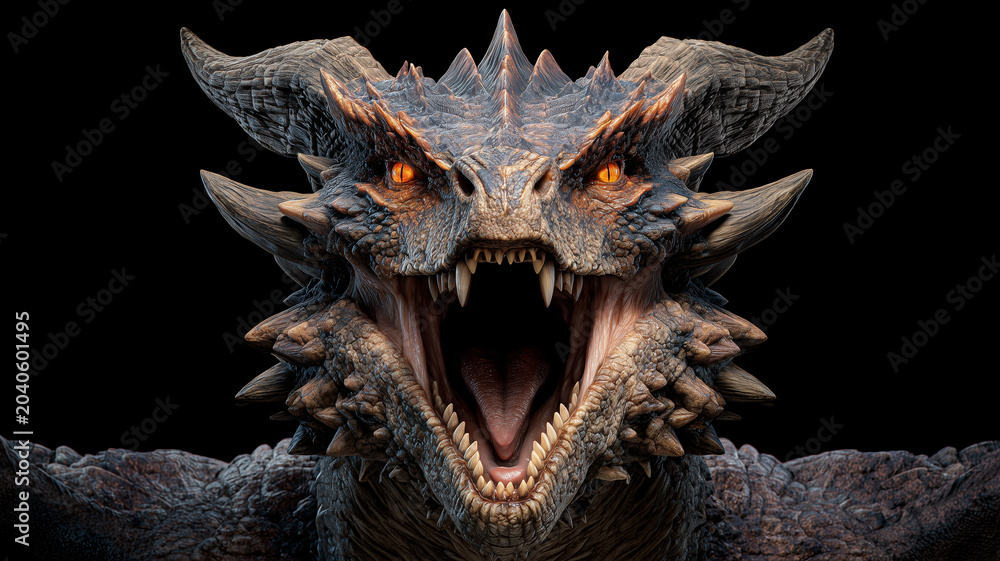 Fototapeta premium A detailed, centered shot of a roaring dragon. its head dominates the frame, featuring intricate brown and grey scales, numerous sharp spikes. Ai generated