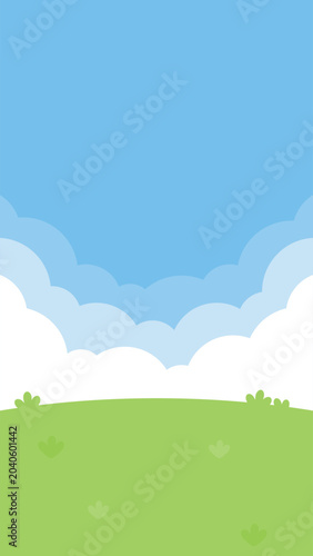 Fotografie An illustration of a blue sky with white clouds over a lush green garden landscape vertical background
