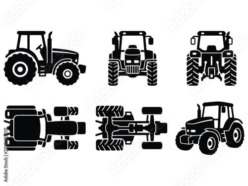 Set of agricultural tractor icons in different views with agriculture, machinery