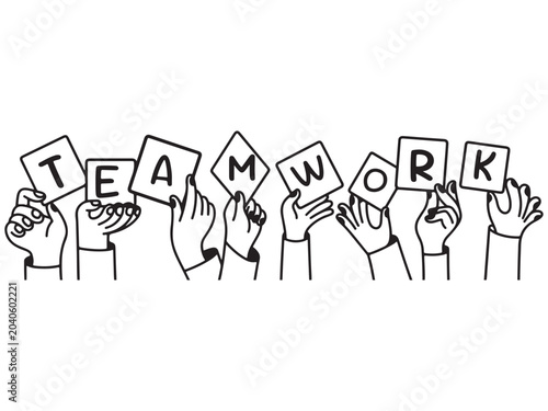 Human hands holding signs spelling the word teamwork with teamwork, collaboratio