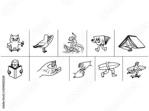 Collection of hand drawn whimsical black and white doodle icons with sketches