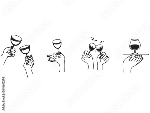 Set of line art hand drawn illustrations showing people holding wine glasses
