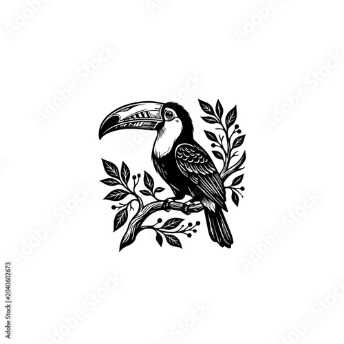 Monochromatic toucan with striped beak and detailed feathers perching on a leafy branch with berries.