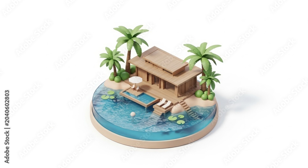 Obraz premium Travel - 3D Isometric Tropical Island Villa with Pool Palm Trees Sandy Beach and Blue Ocean Water