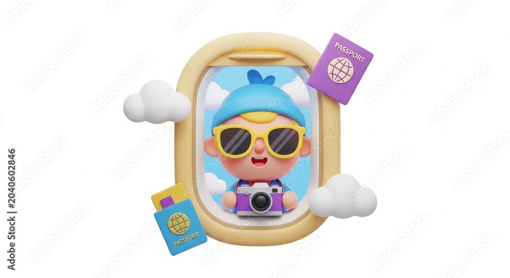 Fototapeta premium Travel - Cute 3D Cartoon Child Character Looking Through Airplane Window With Passport and Camera