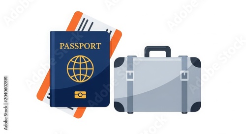 Travel - Flat Design Passport with Airline Tickets and Silver Luggage Suitcase Icon Set for Vacation