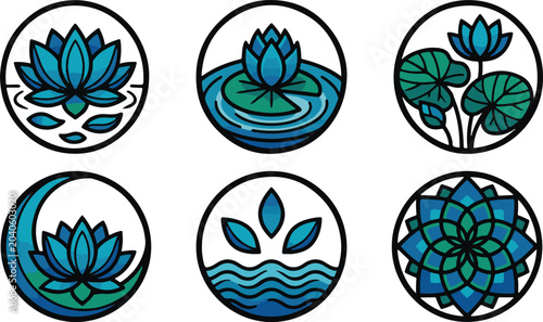 Photos Six elegant blue lotus flower icons in circular frames