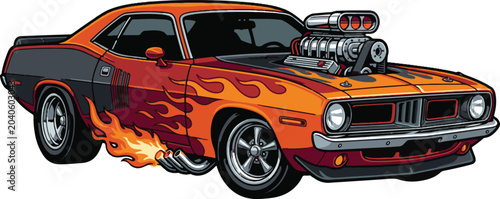 Orange flame-patterned muscle car with big engine and exhaust flames