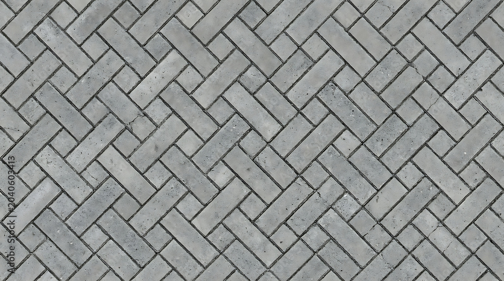 High Resolution Seamless Gray Concrete Paving Stone Texture with Herringbone Pattern for Architectural Background and Walkway Design