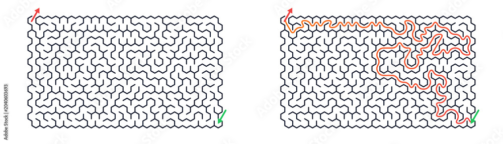 Fototapeta premium Two hexagonal mazes on transparent background. One empty puzzle and one completed with path solution shown. Educational logic game, IQ test and creative problem solving strategy concept.