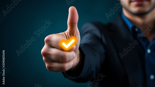 Man giving thumbs up with glowing check mark gesture