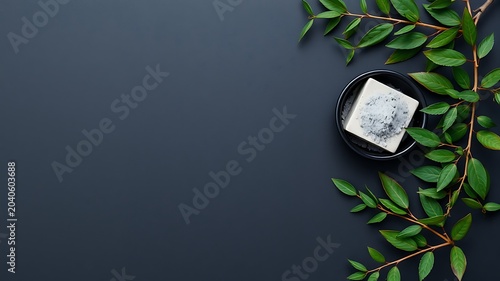 Natural skincare product with green leaves on dark background soap organic