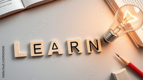 Wooden letters spelling learn with glowing lightbulb and open book education knowledge