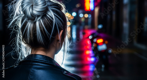 Back view of a young woman with a white bun hairstyle walking through a neon-lit city street at night. She wears a black leather jacket. Cinematic urban exploration and youth culture concept.