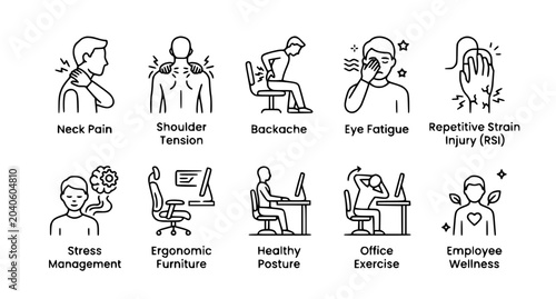 Commercial office syndrome thin line icons with ergonomic support and wellness