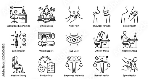 Office worker health thin line icon collection with ergonomic wellness concepts