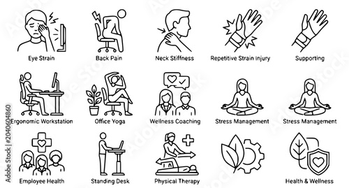 Occupational health thin line icon pack with office syndrome awareness concepts