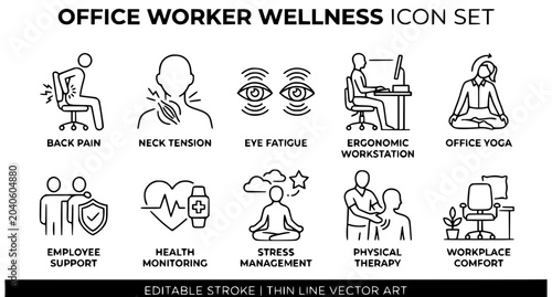 Modern office health thin line icons with ergonomic and wellness concepts